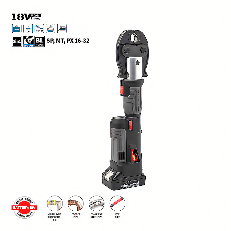 לוחץ מחברי צנרת נטען ישר 18V ליתיום של B.Tech 32-16 PX/MT/SP במבט חזית — כלי נטען אנכי שחור-אפור עם מנוע BL, ראש לחיצה עגול שחור עם תפס אבזם מחודד בחלק עליון לתפיסת מחברי צנרת, סוללת 18V 5.0Ah ליתיום-יון נשלפת בבסיס. 3-in-1 לצנרת SP/MT/PX מ-16 מ"מ עד 32 מ"מ. איקונים טכניים באייקונים כחולים. מק"ט 0501289.4 — לוחץ מקצועי לאינסטלטורים.