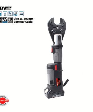 חותך כבל ולוחץ נעלי כבל DIN 16-300 מ"מ² של B.Tech נטען 18V ליתיום במבט תלת-רבעי — כלי כבד הידראולי בגוף שחור עם מנוע BL 2-in-1, ראש לחיצה וחיתוך משולב לכבלים עד 300 מ"מ² (Ø30 מ"מ), סוללת 18V 5.0Ah ליתיום-יון נשלפת בבסיס הארוך. מכיל כוח לחיצה 19-30kN. מק"ט 0501292 — כלי מקצועי לחשמלאי תעשייתי לחיתוך ולחיצת נעלי כבל על כבלי מתח גבוה וארונות חשמל.