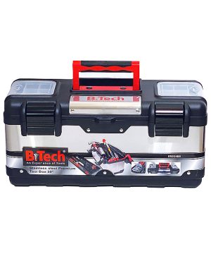 ארגז כלים נירוסטה Premium 20" עם ידית כסופה של B.Tech במבט קדמי — ארגז שחור עם פנל קדמי נירוסטה מבריק ולוגו B.Tech, ידית הרמה אדומה-שחורה אטומה למתכת, סוגרי מתכת בכרום וכפולת כיסים שקופים. מתאים לאחסון מקצועי בסדנה ובאתר. מק"ט 0501486.