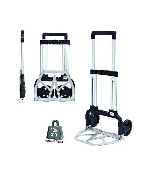 עגלת אלומיניום CNC עם 3 חיזוקים H.D.P של B.Tech לכושר עומס 125 ק"ג — מוצגת בשני מצבים: מקופלת לחלוטין למצב נשיאה דק עם ידית גומי שחורה, ופתוחה כעגלה אנכית עם רגלי אלומיניום, גלגלים שחורים, ידית טלסקופית בגומי שחור ובסיס מתקפל מחורר. מק"ט 0503173.