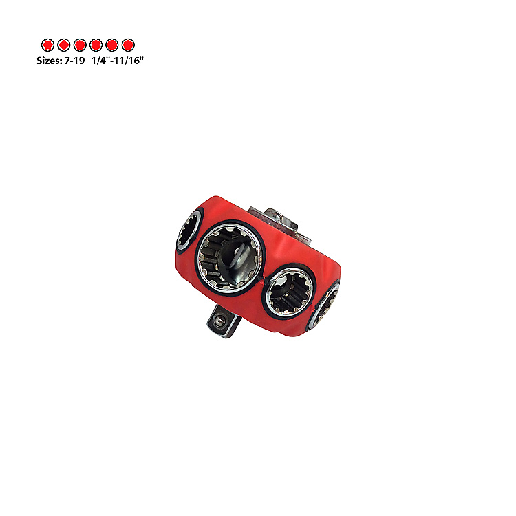ראש בוקסה רב-גודל קומפקטי של B.Tech לגדלים 7-19 mm / 1/4"-11/16" — מתאם ראש קומפקטי אדום-שחור עם 6 פתחי בוקסה משוננים בצידיה ופלטת רצ'ט עליונה. סמלים בתחתית מציגים שש פרופילי שיניים שונים. מתאים למאריך 1/4" באוטומטים. מק"ט 0503253.
