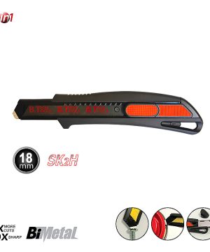 סכין חיתוך סופר סופט 18 מ"מ בטיחותית SK2H של B.Tech במבט צד — סכין חיתוך עם גוף שחור מט ארגונומי, חלון BiTech Tools אדום בקצה ולחצן הזזה אדום צד עליון, להב Bi-Metal SK2H נשלף 18 מ"מ. תמונות תחתונות מציגות מנגנון נעילה ופתחי שחרור. איקוני 3in1, 18mm SK2H, 6X More Cuts ו-10X Sharper. מק"ט 0503425 — סכין מקצועית בטיחותית עם פתיחת להב נעולה.