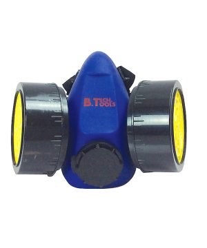 מסיכת כימיקלים מקצועית EN143 של B.Tech עם 2 פילטרים — קונכיית פנים כחולה גמישה עם רצועות שחורות, סמליל B.Tech Tools אדום מרכזי, שני פילטרים עגולים גדולים שחורים עם רשת צהובה בחזית, ושסתום נשיפה שחור עגול במרכז התחתון. מתאימה לעבודה עם צבע, פולישינג ופחמימנים. מק"ט 0505016.