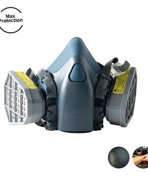 מסיכת כימיקלים מקצועית Type6 MaxPro של B.Tech בתקן EN14387 במבט חזית — מסכת חצי-פנים בגוון אפור-כחול עם מערכת רצועות שחורות לראש, שני פילטרים אפורים-לבנים עגולים בצדדים עם רשת עם מסנן ומסנן יבש להגנה מאדים, אבק וגזים, שסתום נשימה במרכז. מק"ט 0505037 — מסכת בטיחות מקצועית בתקן אירופי EN14387 לעובדי צבע, ריתוך וכימיקלים.