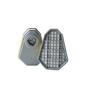 פילטר A2P3 חלופי למסיכת Type6 MaxPro של B.Tech במבט תלת-רבעי — שני פילטרי גז A2P3 אפורים-לבנים עם רשת מסננת מרובעת לבנה ופתח חיבור עגול בקצה, אחד מוצג עם הצד החיצוני המסונן והשני עם רשת המסננת הפנימית. תווית צהובה-שחורה בקצה. מק"ט 0505038 — פילטר חלופי בתקן EN14387 למסיכת חצי-פנים של B.Tech, להגנה מפני אדים אורגניים A2 וחלקיקים P3.