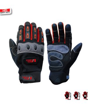כפפות עבודה Heavy Duty של B.Tech — שתי כפפות אחת קדימה ואחת אחורית. החזית: שכבת גומי שחורה עם פדים אדומים-כתומים על אצבעות, גב מרופד אפור-שחור עם תווית BTECH TOOLS אדומה. הגב: בד שחור-אפור עם תפרים לבנים בולטים ופד אצבע אגודל אדום. סמלי גדלים L/XL/XXL בפינה. סמל HD HEAVY DUTY בפינה. מק"ט 0502773.