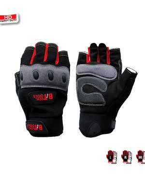 כפפות עבודה Heavy Duty Half-Finger של B.Tech — שתי כפפות אחת קדימה ואחת אחורית עם אצבעות חצאיות (פתוחות בקצה). החזית: שכבת גומי שחורה עם פדים אדומים על אצבעות, גב מרופד אפור עם תווית BTECH TOOLS אדומה. הגב: בד שחור-אפור עם תפרים לבנים בולטים ופד אצבע אגודל אדום. סמלי גדלים L/XL/XXL בפינה.