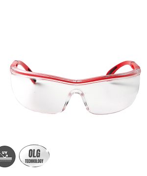משקפי מגן UV REDBLACK של B.Tech בתקן EN166 במבט חזית — משקפי מגן מקצועיים בעדשה שקופה, מסגרת שקופה עם פסים אדומים צדדיים ורגליים לבנות-שקופות עם נקודות שחורות לעיצוב. איקוני UV ו-OLG Technology. מק"ט 0505066 — משקפי בטיחות בתקן EN166 אירופי, מתאימים לעבודות עם אבק, עץ, מתכת ובוטונים.