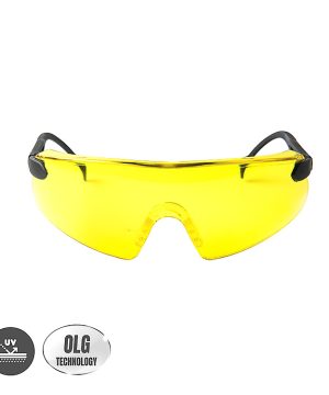 משקפי מגן UV פריים של B.Tech בתקן EN166 במבט חזית — משקפי מגן מקצועיים בעדשה צהובה לזיהוי חום ולחץ עיניים נמוך, מסגרת ורגליים שחורות ארגונומיות, חורי אוורור בצדי הרגליים. אייקוני UV protection ו-OLG Technology בפינה תחתונה. מק"ט 0505067 — משקפי בטיחות בתקן אירופי EN166, מיועדים לעובדי ריתוך, ליטוש ועבודות במכונות חיתוך.