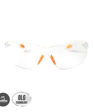 משקפי מגן UV פרוטקטור של B.Tech בתקן EN166 במבט חזית — משקפי מגן מקצועיים בעדשה שקופה ללא צביעה, מסגרת שקופה רק עם תפסי גומי כתומים ברגליים לאחיזה נוחה, חורי אוורור אופקיים בצדדים. אייקוני UV protection ו-OLG Technology בפינה תחתונה. מק"ט 0505068 — משקפי בטיחות שקופים בתקן EN166, לעבודות עם אבק, עץ, מתכת ועבודות חשמליות.