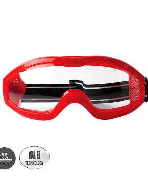 משקפי מגן אבק סיליקוני FLAXBUL שקוף של B.Tech במבט חזית — משקפי Goggle בטיחות מסגרת סיליקון אדום גמיש עם עדשה שקופה גדולה, רצועה מתכווננת שחור-אדום-לבן לאחיזה בראש, חורי אוורור בצדדים למניעת עמימות. איקוני UV protection ו-OLG Technology. מק"ט 0505070 — משקפי אבק עוטפים לפני ערבובי אבק וטיח, מתאימים לקבלני גבס, שיפוצניקים ועובדים בתקן EN166.