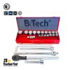 סט בוקסות 24 חלקים DR 3/4" של B.Tech סדרת MT Newton במבט על — מזוודת פח אדומה עם מכסה פתוח חושף 10 בוקסות כרום 12PT עמוקות בשורה עליונה ועוד כ-10 סוקטים קצרים מתחתיהם, ידית מחדשה כרום ארוכה, מאריך ו-T-Bar ארוך מלמטה ליד המזוודה. לוגו MT עם חותמת ™72 (72 שיני רצ'ט). מק"ט 0505514 — סט מקצועי כבד לעבודות רכב, משאיות וציוד הנדסי.