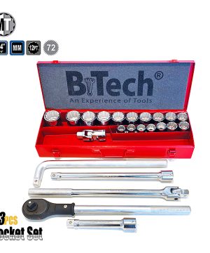 סט בוקסות 24 חלקים DR 3/4" של B.Tech סדרת MT Newton במבט על — מזוודת פח אדומה עם מכסה פתוח חושף 10 בוקסות כרום 12PT עמוקות בשורה עליונה ועוד כ-10 סוקטים קצרים מתחתיהם, ידית מחדשה כרום ארוכה, מאריך ו-T-Bar ארוך מלמטה ליד המזוודה. לוגו MT עם חותמת ™72 (72 שיני רצ'ט). מק"ט 0505514 — סט מקצועי כבד לעבודות רכב, משאיות וציוד הנדסי.