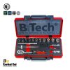 סט בוקסות 17 חלקים DR 1/4" של B.Tech סדרת MT Newton במבט חזית — מזוודת פלסטיק אדומה-שחורה עם מכסה פתוח וקצף שחור מודפס בלוגו B.Tech, שורה של כ-9 בוקסות 6PT כרום עם כיתובים באדום, ידית מחדשה אדומה-שחורה קומפקטית, מאריך ומתאם דרייב. סימונים 1/4"Dr, MM, 6PT ו-72 (72 שיני רצ'ט). מק"ט 0505522 — סט קטן של פרויקט ניוטן לאלקטרוניקה ועבודות עדינות.