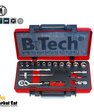סט בוקסות 17 חלקים DR 1/4" של B.Tech סדרת MT Newton במבט חזית — מזוודת פלסטיק אדומה-שחורה עם מכסה פתוח וקצף שחור מודפס בלוגו B.Tech, שורה של כ-9 בוקסות 6PT כרום עם כיתובים באדום, ידית מחדשה אדומה-שחורה קומפקטית, מאריך ומתאם דרייב. סימונים 1/4"Dr, MM, 6PT ו-72 (72 שיני רצ'ט). מק"ט 0505522 — סט קטן של פרויקט ניוטן לאלקטרוניקה ועבודות עדינות.