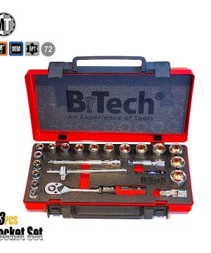 סט בוקסות 23 חלקים DR 3/8" של B.Tech סדרת MT Newton במבט חזית — מזוודת פלסטיק אדומה-שחורה עם מכסה פתוח וקצף שחור מודפס בלוגו B.Tech, 16 בוקסות 6PT כרום בשורה עליונה, ידית מחדשה אדומה-שחורה ו-T-Bar ארוכה. סימונים 3/8"Dr, MM, 6PT ו-72 (72 שיני רצ'ט). מק"ט 0505524 — סט בינוני של פרויקט ניוטן לעבודות רכב ותחזוקה ביתית.