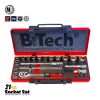 סט בוקסות 21 חלקים DR 1/2" של B.Tech סדרת MT Newton במבט חזית — מזוודת פלסטיק אדומה-שחורה עם מכסה פתוח וקצף פנימי שחור מודפס בלוגו B.Tech, 13 בוקסות 6PT עמוקות כרום בשורה תחתונה, ידית מחדשה אדומה-שחורה ו-T-Bar ארוכה. סימונים 1/2"Dr, MM, 6PT ו-72 (72 שיני רצ'ט). מק"ט 0505526 — סט מקצועי של פרויקט ניוטן לעבודות רכב ומסגריה.