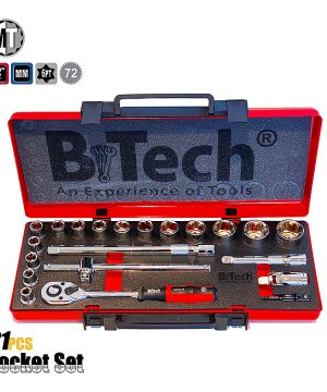 סט בוקסות 21 חלקים DR 1/2" של B.Tech סדרת MT Newton במבט חזית — מזוודת פלסטיק אדומה-שחורה עם מכסה פתוח וקצף פנימי שחור מודפס בלוגו B.Tech, 13 בוקסות 6PT עמוקות כרום בשורה תחתונה, ידית מחדשה אדומה-שחורה ו-T-Bar ארוכה. סימונים 1/2"Dr, MM, 6PT ו-72 (72 שיני רצ'ט). מק"ט 0505526 — סט מקצועי של פרויקט ניוטן לעבודות רכב ומסגריה.