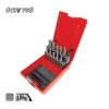 סט פצירת וידיה YG8 4CUT של B.Tech 10 יחידות במזוודה 6XX6 במבט תלת-רבעי — קופסת פלסטיק אדומה פתוחה עם מכסה גבוה, חלק תחתון שחור עם שורות עמדה, 10 פצירות טונגסטן-קרביד YG8 בצורות שונות (חרוטיות, גליליות, עגולות) עם ציר עגול חלק לאחיזה בכלי אוויר. סימון '4CUT YG8' ו-'10 Pcs'. מק"ט 0508265 — ערכה מקצועית למסגרים, ריתוך ומפעלי מתכת להסרת שאריות ועידון משטחים.
