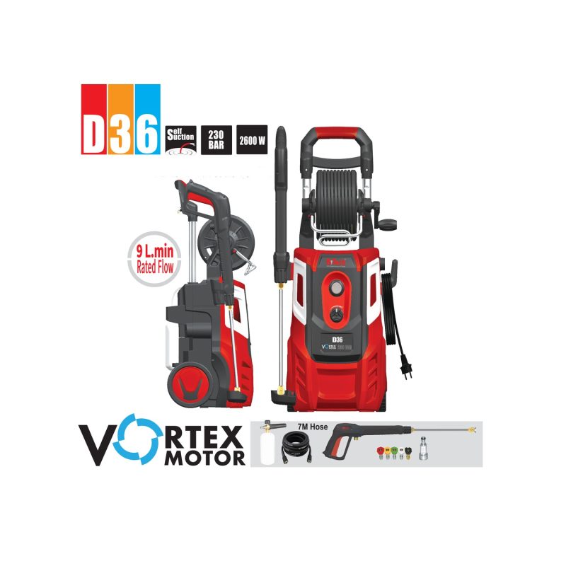 מכונת שטיפה VORTEX D36 230BAR 2600W — שאיבה עצמית, מנוע VORTEX וערכת אביזרים מלאה