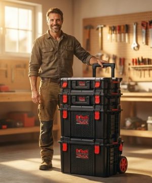 מערכת כלים ניידת TRUCK 5 חלקים IP65 של B.Tech בסצנת סדנה מקצועית — בעל-מקצוע מחייך לבוש חולצת עבודה חומה ומכנסי-cargo עומד ליד מגדל TRUCK של ארבע קומות שחורות עם סוגרי-לחיצה אדומים ולוגו B.Tech TRUCK בלבן-אדום בקדמת כל יחידה, גלגל אחורי אדום עליון וידית טלסקופית. ברקע סדנה מוארת באור זהוב עם לוח כלים מסודר עם פטישים, מקדחות חשמליות, מפתחות ומלחציים. מקצועי לבעלי-מקצוע ניידים, מסגריות וטכנאי שירות. מק