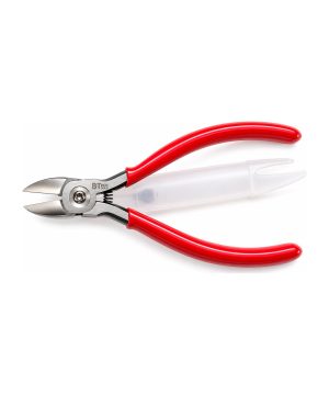 חותך צד פלסטיק 5 אינץ' עם מחסנית קפיצית מבית B.Tech, מק"ט 0500694. ידיות אדומות מצופות PVC, לסתות פלדה מלוטשות לחיתוך צד, בורג ציר טורקס וקפיץ פתיחה עם מחסנית שקופה, וסימון B.Tech Tools על גוף הכלי.