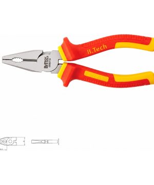 פלייר תפיסה וחיתוך משולב מבודד 1000V VDE של B.Tech — פלייר משולב עם ראש תפיסה משונן וחותך צד, ידיות דו-קומפוננטיות אדומות-צהובות מבודדות בתקן GS, סימון B.Tech 0500/16. מתאים לעבודות חשמל תחת מתח. מק"ט 0500716.