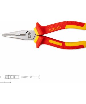 פלייר אף מכופף מבודד 1000V VDE של B.Tech — פלייר עם לסתות אף מכופפות בזווית וחותך צד, ידיות דו-קומפוננטיות אדומות-צהובות מבודדות בתקן GS. מתאים לעבודות חשמל עדינות במקומות צרים תחת מתח. מק"ט 0500728.