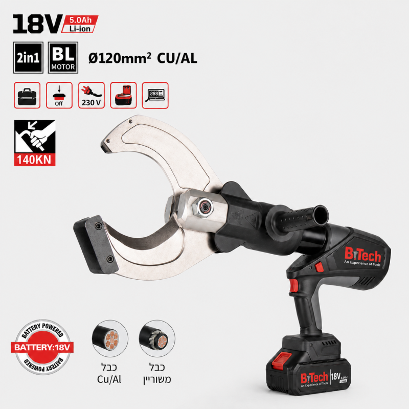 חותך כבלים נטען 18V ליתיום עד 120 מ"מ² של B.Tech במבט צד — חותך אלקטרו-הידראולי 2in1 עם מנוע BL Brushless, ראש חיתוך פלדה בצורת C פתוח עם להב מעוקל, גוף שחור ארגונומי עם ידית אקדח ולוגו B.Tech, וסוללת ליתיום 18V 5.0Ah נטענת אדומה-שחורה. כוח חיתוך 140KN לכבלי נחושת, אלומיניום ומשוריין עד קוטר 120 מ"מ². מק"ט 0501247.