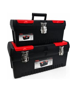 סט ארגזי כלים עם סגר מתכת מבית B.Tech, מק"ט 0501448 — שני ארגזים שחורים עם פסי אחיזה אדומים מוערמים זה על זה: ארגז 17 אינץ' וארגז 20 אינץ', עם סגרי מתכת מנוקלים, ידית נשיאה מתקפלת ומגש אורגנייזר כפול.