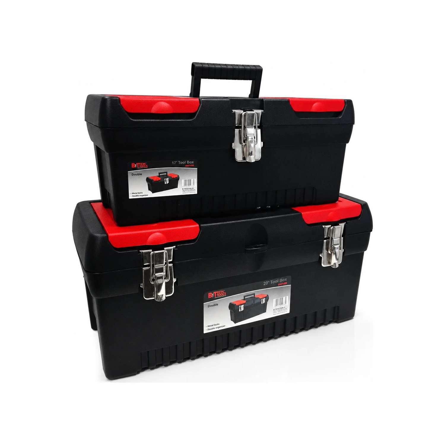 סט ארגזי כלים עם סגר מתכת מבית B.Tech, מק"ט 0501448 — שני ארגזים שחורים עם פסי אחיזה אדומים מוערמים זה על זה: ארגז 17 אינץ' וארגז 20 אינץ', עם סגרי מתכת מנוקלים, ידית נשיאה מתקפלת ומגש אורגנייזר כפול.