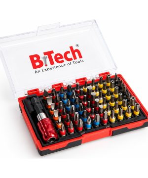 סט ביטים מקצועי 61 חלקים של B.Tech — מארז פלסטיק אדום-שחור פתוח עם מכסה שקוף ולוגו B.Tech, ובתוכו מגש שחור עם 61 ביטים מסודרים בשורות עם טבעות צבע (שטוח, פיליפס, פוזידרייב, טורקס, אלן וביטים ארוכים) ומחזיק ביטים מגנטי אדום-כרום. מתאים למברגות, אימפקט ועבודות הרכבה מקצועיות. מק"ט 0502037.