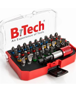 סט ביטים מקצועי 37 יחידות של B.Tech — מארז פלסטיק אדום פתוח עם מכסה שקוף ולוגו B.Tech, ובתוכו מגש שחור עם 37 ביטים מסודרים בטבעות צבע (פיליפס, פוזידרייב, שטוח, טורקס, אלן) ומחזיק ביטים מגנטי אדום-כרום. מתאים למברגות, אימפקט ועבודות הרכבה מקצועיות. מק"ט 0502771.