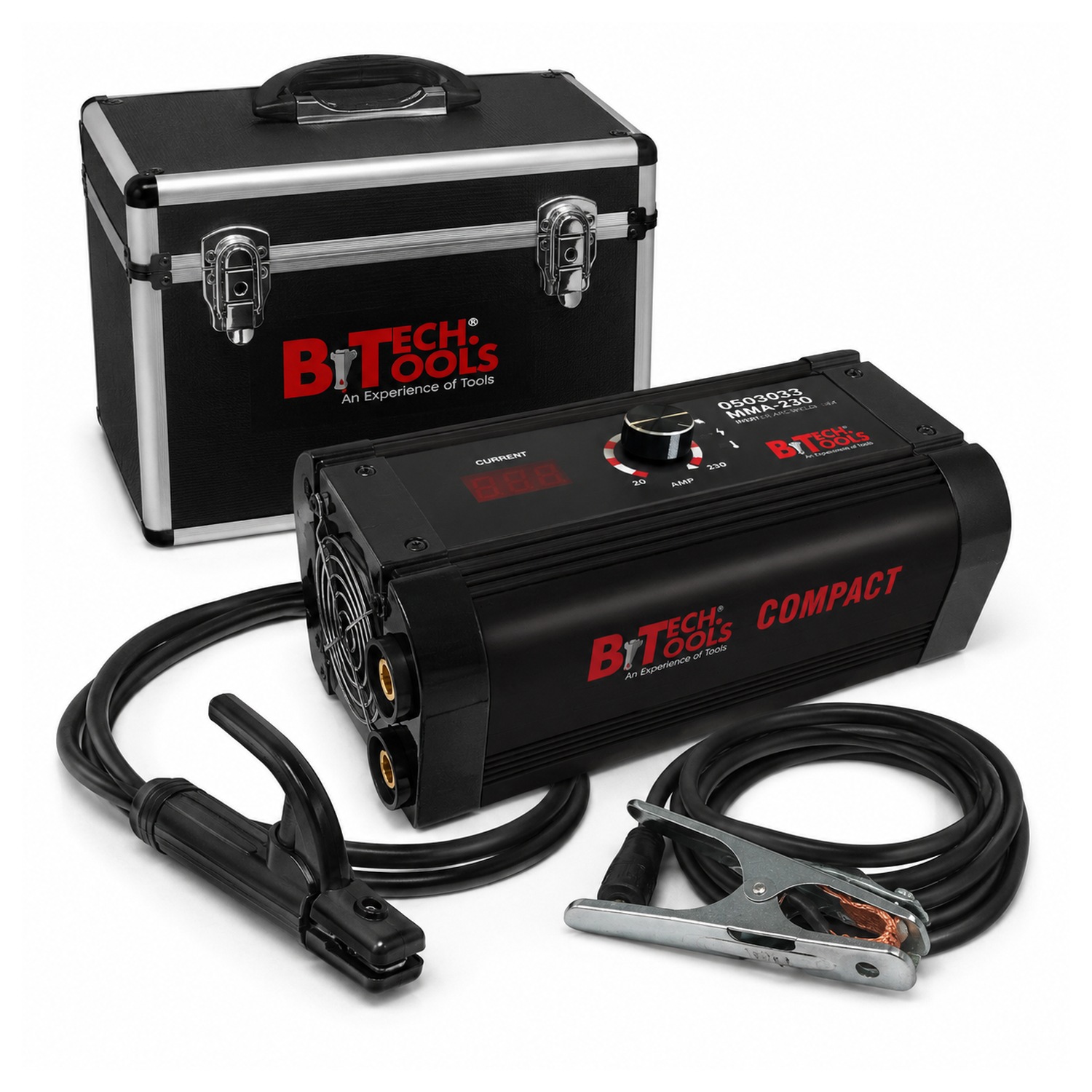 רתכת אינוורטר 230A קומפקטית MMA COMPACT כולל מזוודת אלומיניום, מחזיק אלקטרודה ומלחץ מסה — B.Tech 0500303