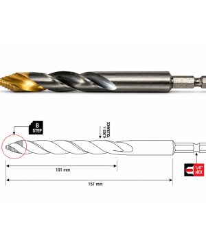 מקדח 919 IMPACT HSS M2 טיטניום · חוד מדורג 8 STEP · שוק HEX 1/4″ · אורך 151 מ