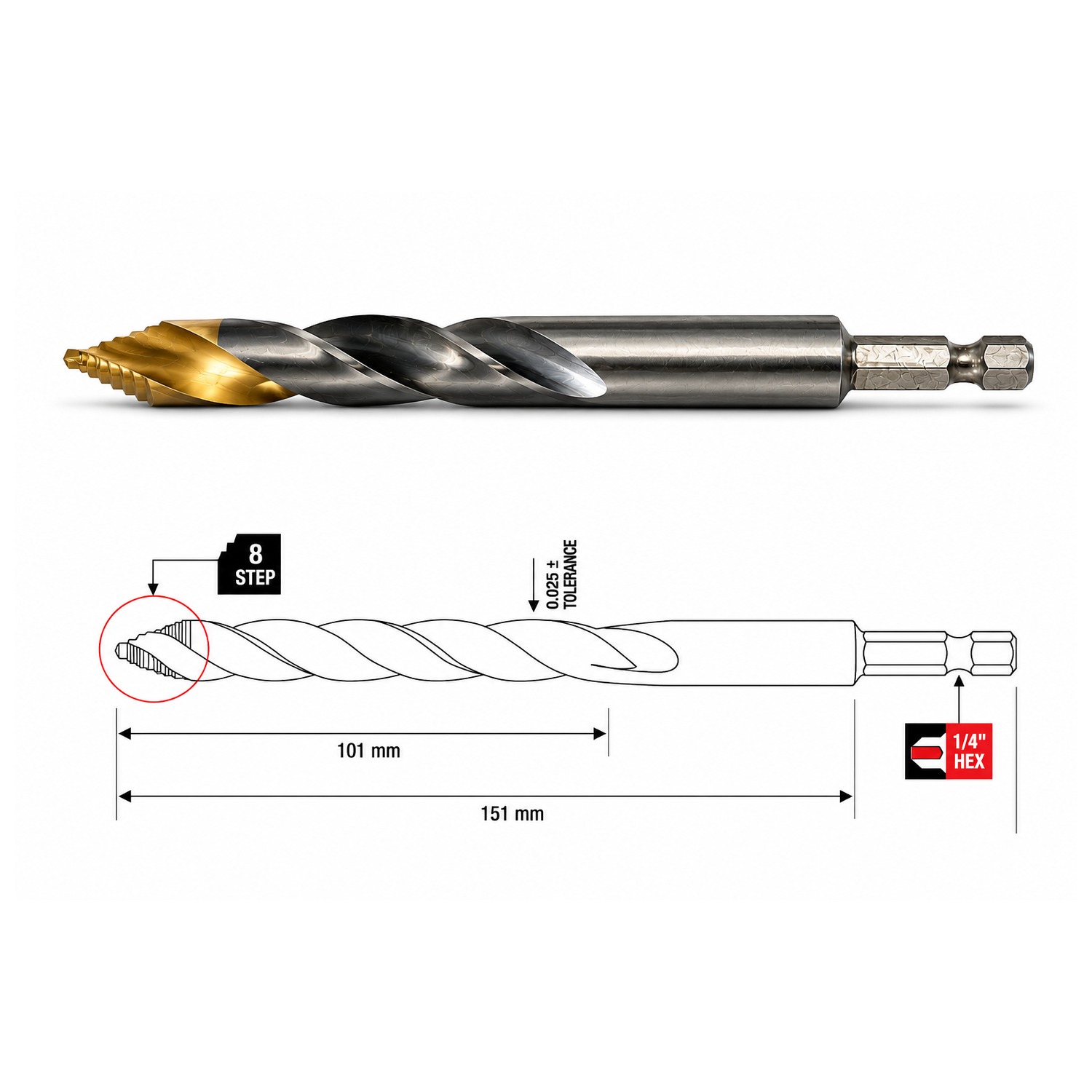 מקדח 919 IMPACT HSS M2 טיטניום · חוד מדורג 8 STEP · שוק HEX 1/4″ · אורך 151 מ"מ · B.Tech