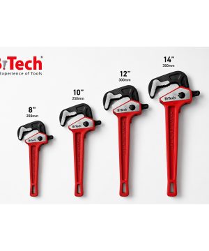 מפתח צינורות זוויתי קקדו IRON של B.Tech — סדרת מפתחות צינורות זוויתיים בארבע מידות 8, 10, 12 ו-14 אינץ׳ (200-350 מ"מ), ראש שחור עם לסת משוננת מתכווננת וגוף-ידית אדום Heavy Duty עם חור תלייה. מתאים לאחיזה וסיבוב צינורות באינסטלציה מקצועית.