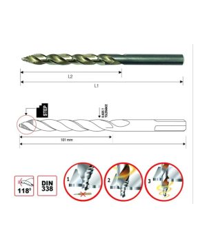 מקדח HSS M2 סדרת 919 SharkStep בתקן DIN 338 מבית B.Tech — תרשים טכני של מקדח פלדה מהירה עם חוד SharkStep מדורג, זווית חוד 118°, אורך חלילים 101 מ"מ, סימוני מידות L1 ו-L2, סובלנות 0.025, ושלושה שלבי קידוח מדורג לחדירה מדויקת וללא החלקה.