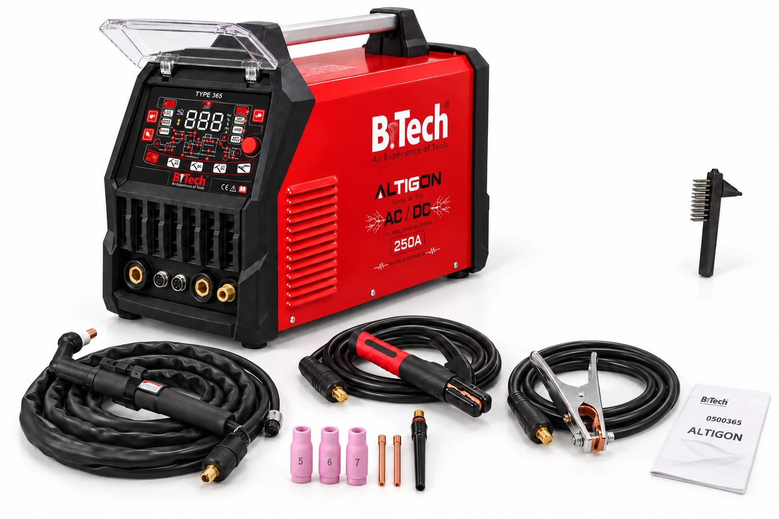 תכולת הערכה של רתכת ALTIGON 365 של B.Tech — ידית TIG, ידית אלקטרודה, מהדק הארקה, 3 כוסיות קרמיקה, 2 תפסניות, מכסה אחורי לידית, פטיש ניקוי עם מברשת ומדריך הפעלה