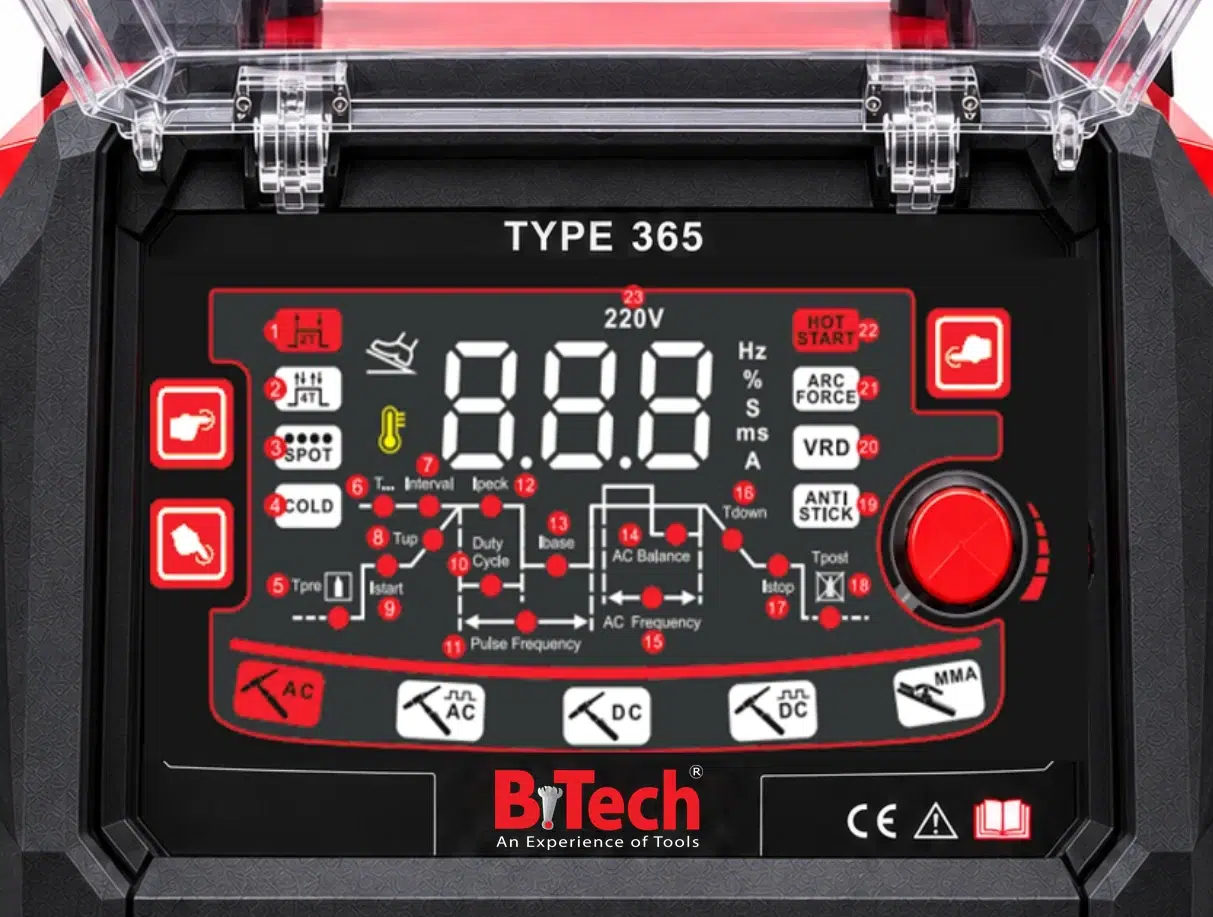 תקריב לוח הבקרה של רתכת ALTIGON 365 של B.Tech כשהוא מורכב על הרתכת, המכסה השקוף פתוח — 23 הפונקציות מסומנות במספרים