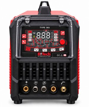 רתכת אינוורטר ALTIGON 365 של B.Tech — חזית: לוח הבקרה מאחורי המכסה השקוף, שקעי + ו־−, חיבורי שלט וידית