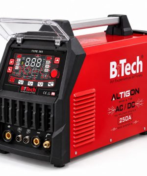 רתכת אינוורטר ALTIGON 365 של B.Tech — מבט קדמי באלכסון, המכסה השקוף פתוח ולוח הבקרה TYPE 365