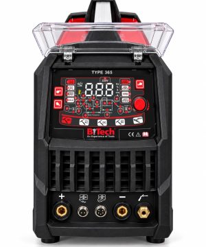 רתכת אינוורטר ALTIGON 365 של B.Tech — חזית עם המכסה השקוף פתוח: 23 הפונקציות של לוח הבקרה