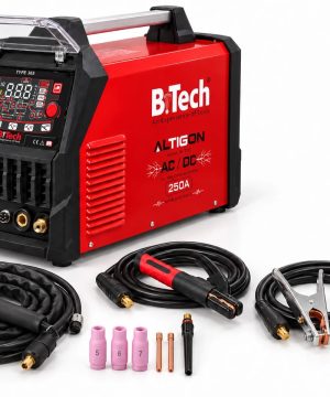 תכולת הערכה של רתכת ALTIGON 365 של B.Tech — ידית TIG, ידית אלקטרודה, מהדק הארקה, 3 כוסיות קרמיקה, 2 תפסניות, מכסה אחורי לידית, פטיש ניקוי עם מברשת ומדריך הפעלה