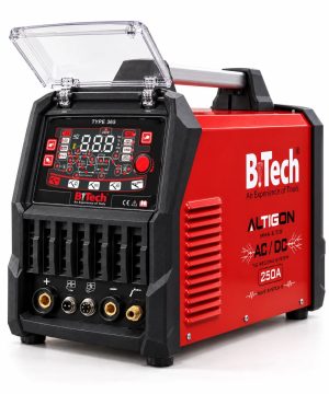 רתכת אינוורטר ALTIGON 365 של B.Tech — מבט באלכסון עם המכסה פתוח ודופן WAVE SYSTEM 6