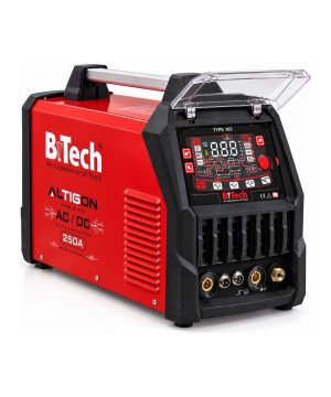 רתכת אינוורטר ALTIGON 365 של B.Tech — TIG AC/DC PULSE 250A + MMA, מבט באלכסון עם המכסה השקוף פתוח
