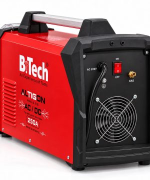 רתכת אינוורטר ALTIGON 365 של B.Tech — גב המכונה: מפסק הפעלה, כבל הזנה AC 220V, חיבור גז ומאוורר קירור