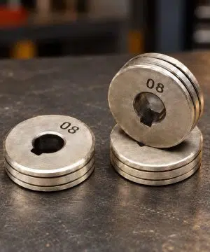 גליל הזנת חוט MIG 0.6–0.8 מ״מ של B.Tech על משטח עבודה