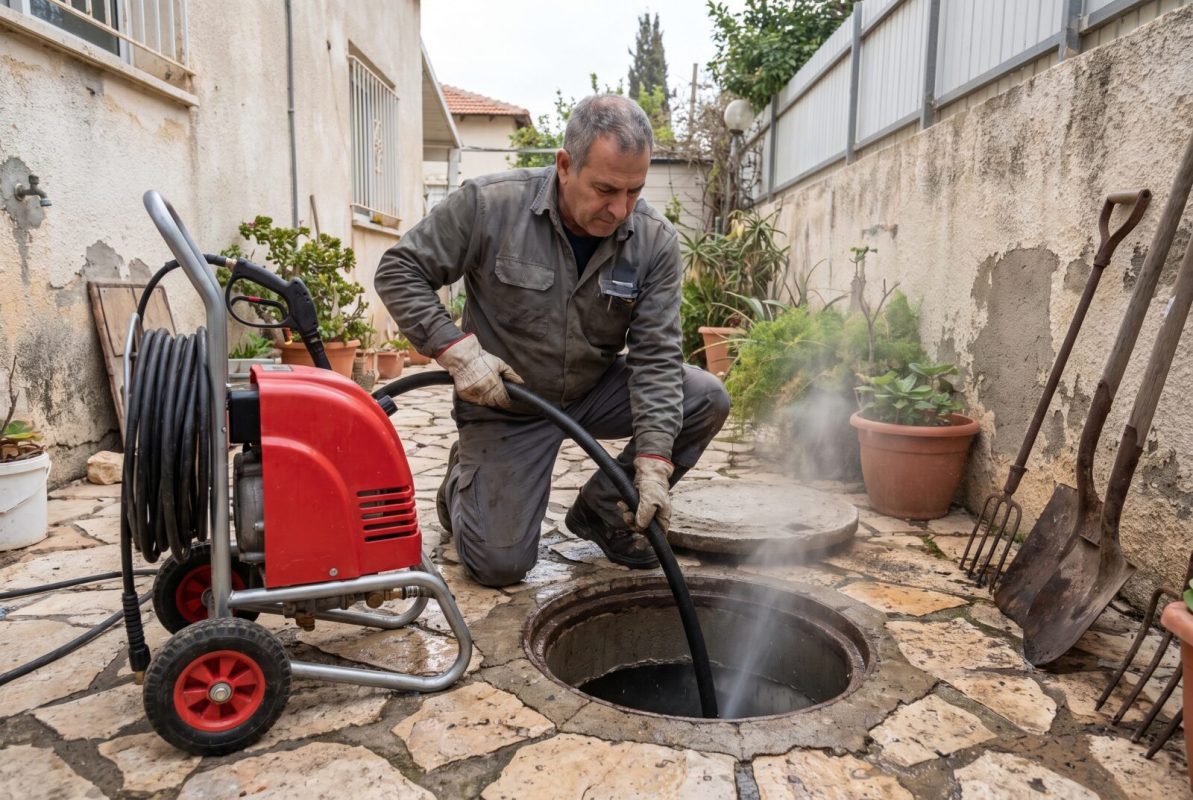 פתיחת סתימות בלחץ מים בפתח ביקורת עם מכונת שטיפה